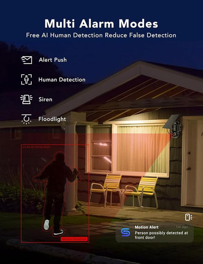 2K Solar Security Cameras Wireless Outdoor, 360°PTZ Battery Powered Cameras for Home Security, 2.4G WiFi Outdoor Camera with Color Night Vision, IP66 Waterproof, Motion Sensor Alarm, Black-2P