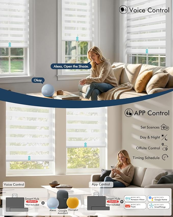 No Drill Motorized Zebra Blinds with Remote,Cordless Shades Dual Layer,Thermal Insulated Upgraded Shades(White,46" W x 72" H)