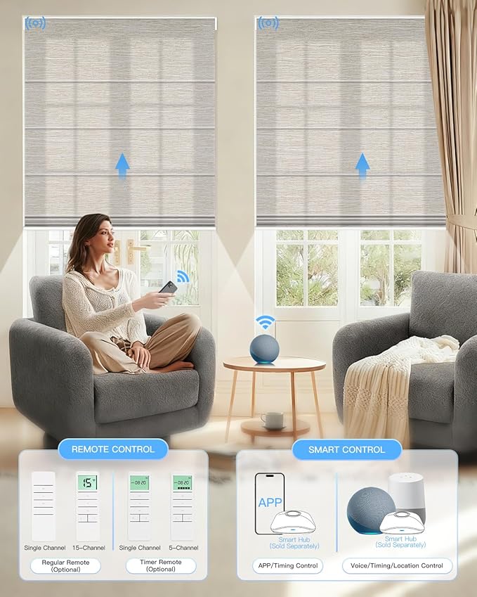 Motorized Roman Shades for Windows, Custom Light Filtering Roman Blinds with Remote, Smart Privacy Window Shades for Living Room Kitchen Office, Alexa & Google Home Compatible, App Control via RF Hub