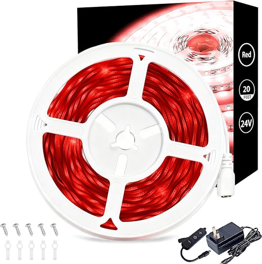 20 FT Red Led Lights Strip for Bedroom Home Party Office Rope Lights Tape Light Easy DIY Cuttable Strip Lights for Baby Room Bathroom Living Room Ceiling Wall Vanity Mirror