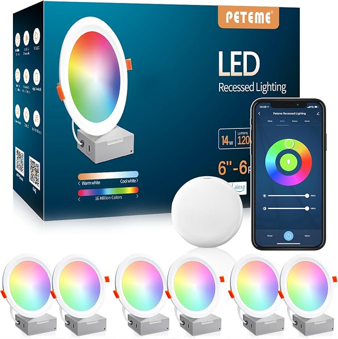 Smart LED Recessed Lighting 6 Inch, IC Rated & ETL Certified Recessed Ceiling Light, RGB & Cool & Warm White Dimmable Color Changing Downlight Work with Alexa/Google, Sync to Music, 1200Lumen,6 Pack | RGBWW Color Changing;Dimmable;Alexa Control,Sync to...