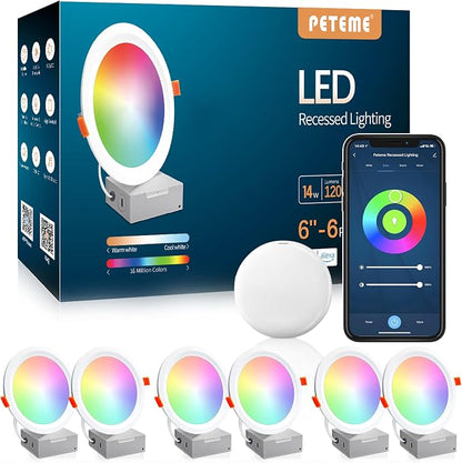 Smart LED Recessed Lighting 6 Inch, IC Rated & ETL Certified Recessed Ceiling Light, RGB & Cool & Warm White Dimmable Color Changing Downlight Work with Alexa/Google, Sync to Music, 1200Lumen,6 Pack | RGBWW Color Changing;Dimmable;Alexa Control,Sync to...
