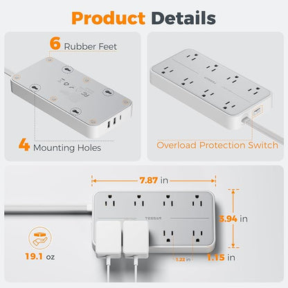 TESSAN Power Strip Surge Protector, 6FT Flat Plug Extension Cord