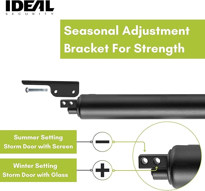 Ideal Security Model 9 Standard Duty Pneumatic Storm and Screen Door Closer, 10.5" L x 1.25" W x 1.25" H, Adjustable Speed, Smooth Closing for Lightweight to Medium Doors, Easy Install, Matte Black