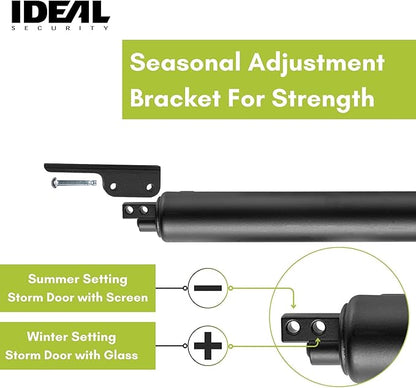 Ideal Security Model 9 Standard Duty Pneumatic Storm and Screen Door Closer, 10.5" L x 1.25" W x 1.25" H, Adjustable Speed, Smooth Closing for Lightweight to Medium Doors, Easy Install, Matte Black