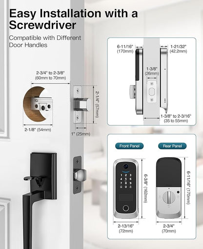 Video Smart Lock with Camera, Built-in Rechargeable Lithium Battery Entry Keyless Door Lock, App Control, Fingerprint ID, IC Card, Keypad Code, Auto Lock for Front Door (Silver)