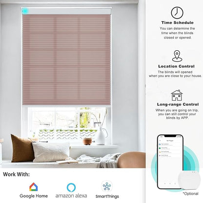 Changshade Smart Blinds Cellular Shades for Windows Doors Motorized with Remote Control, Custom Size Automatic Honeycomb Blind Electric Power Compatible with Alexa, Google Home, Light Filtering, Pink