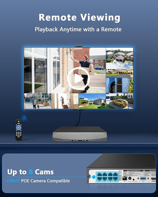 OOSSXX 8.0/4K Megapixel Security POE NVR Network Video Recorder, Supports up to 8MP/4K IP Cameras, Max to 8TB Hard Drive (16-Channel No HDD)