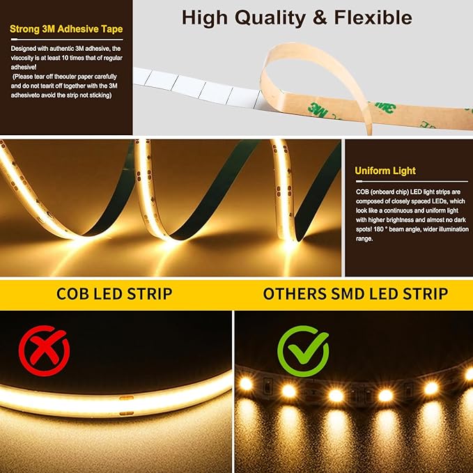 Pandery COB LED Strip Light,CCT Dimmable Strips Light,2700K-6500K,9.84ft/3m,8mm Wide,CRI90+ 24V LED Strips Kit with Bluetooth APP Control/Music Mode,for Bedroom,Kitchen,DIY Lighting