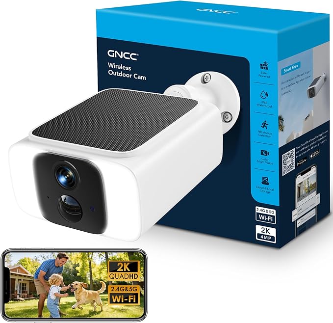 GNCC Solar Security Camera Outdoor, 2.4 & 5GHz WiFi Outdoor Security Camera 4MP Solar Powered WiFi Camera with Color Night Vision, Spotlight, PIR Motion Detection, Easy to Install, SD/Cloud Storage