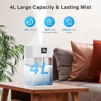 JRD Humidifiers 4L for Bedroom, Cool Mist Humidifier for Large Room, 40H Runtime, Night Light, 360° Nozzlefor Home, Office, Baby Nursery, Plants