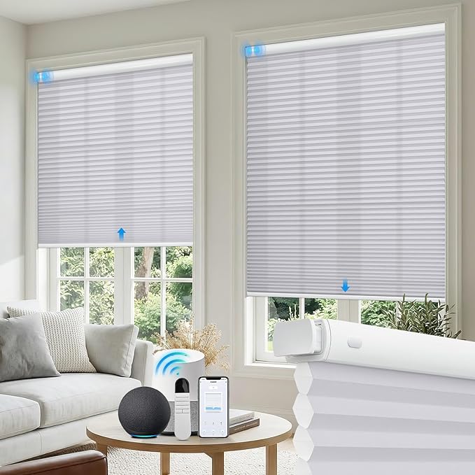 Motorized No Drill Cordless Cellular Shades, 1.5" Smart Electric Honeycomb Blind with Remote Control, Automatic No Drill Cellular Shades for Home and Office Indoor Window, Light Filtering Grey