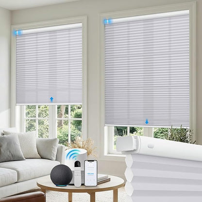 Motorized No Drill Cordless Cellular Shades, 1.5" Smart Electric Honeycomb Blind with Remote Control, Automatic No Drill Cellular Shades for Home and Office Indoor Window, Light Filtering Grey