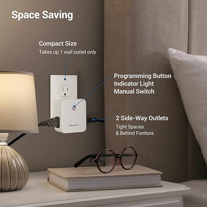 DEWENWILS Remote Control Outlet, Wireless Light Switch with 2 Side Outlets, 100 FT Range Remote Outlet Switch for Lamps, Fans, Household Appliance, No Wiring, 15A/1875W, Compact Design, Programmable
