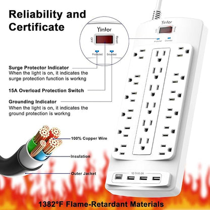 Yintar 6Ft Surge Protector Power Strip with 18 Outlets and 4 USB Ports | 6 Feet Flat Plug Heavy Duty Extension Cord with Multiple Outlets for Home, Office, Dorm Essentials, 2100 Joules, ETL, White