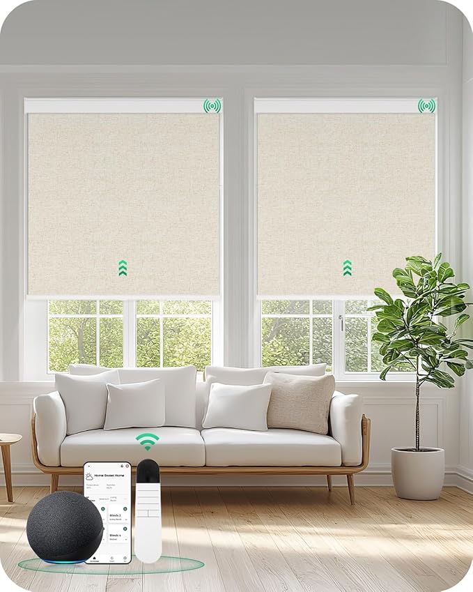 Allesin Motorized Blinds with Remote Smart Blackout Roller Shades | All-in-One & Ultra-Quiet Automatic Electric Power Blinds for Home Office, Sand-Linen 31x72