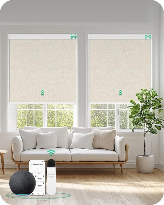 Allesin Motorized Blinds with Remote Smart Blackout Roller Shades | All-in-One & Ultra-Quiet Automatic Electric Power Blinds for Home Office, Sand-Linen 34.5x72