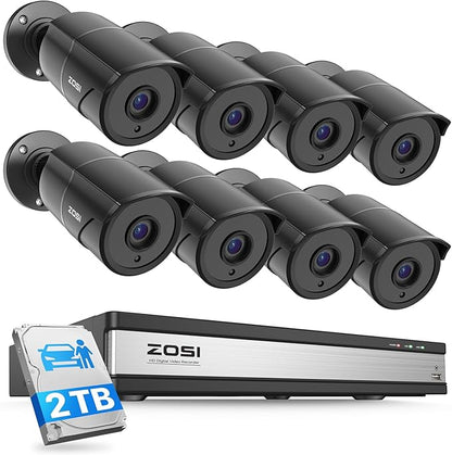 ZOSI 16CH 3K Lite Security Camera System with Audio, AI Human/Vehicle Detection, Night Vision, 8 x 1080P Metal Weatherproof Wired Cameras, 16 Channel Surveillance DVR with 2TB HDD for 24/7 Recording
