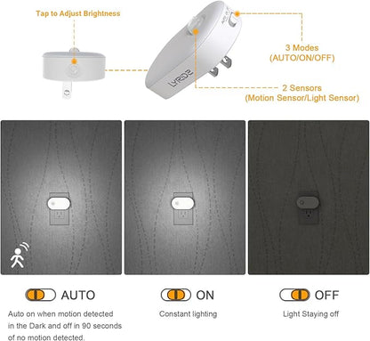 Lyridz 120LM Ultra Bright Plug-in Motion Sensor Night Light, Stepless Dimmable LED Nightlight, Always-On and Auto-Off, for Hallway, Stairs, Bathroom, Bedroom, Garage, Cool White (4-Pack)