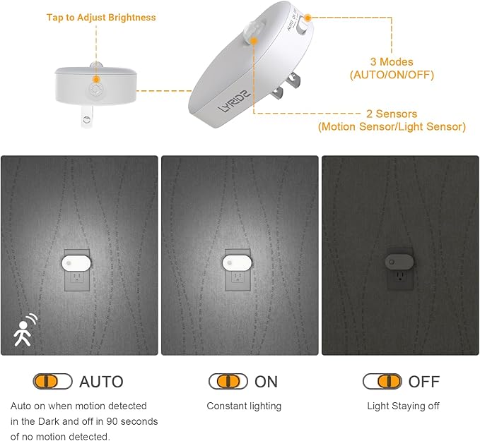 Lyridz 120LM Ultra Bright Plug-in Motion Sensor Night Light, Stepless Dimmable LED Nightlight, Always-On and Auto-Off, for Hallway, Stairs, Bathroom, Bedroom, Garage, Cool White (2-Pack)