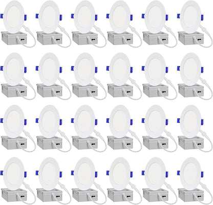 LAMPHOME 24-Pack of 4-Inch Slim LED Recessed Lights with Junction Box, Adjustable Color Temperatures (2700K-5000K), 9W Equivalent to 75W, Dimmable, 950LM Brightness - ETL and Energy Star Certified