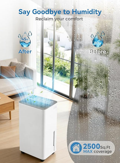 2500 Sq.Ft Dehumidifier for Basement with Drain Hose, 35 Pint Large Best Compressor Dehumidifiers for Home or Garage, Smart Humidity Control, 24H Timer & Child Lock, Ideal for Large Rooms, Garage