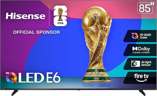 Hisense 85" E6 Cinema Series Hi-QLED 4K UHD Smart Fire TV (85E6QF) - AI Light Sensor, Dolby Vision · Atmos, Voice Remote with Alexa, Motion Rate 120, HDR 10+ Adaptive, Game Mode Plus