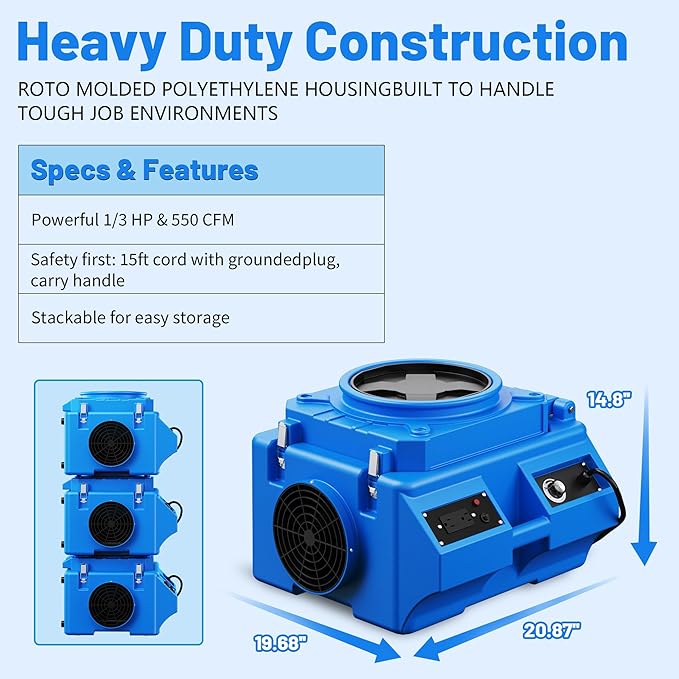 Air Scrubber with 3 Stage Filtration, 550CFM HEPA Air Scrubber Commercial Industrial Grade, Heavy Duty Air Cleaner with MERV-10 Filter, HEPA/Activated Carbon Filter