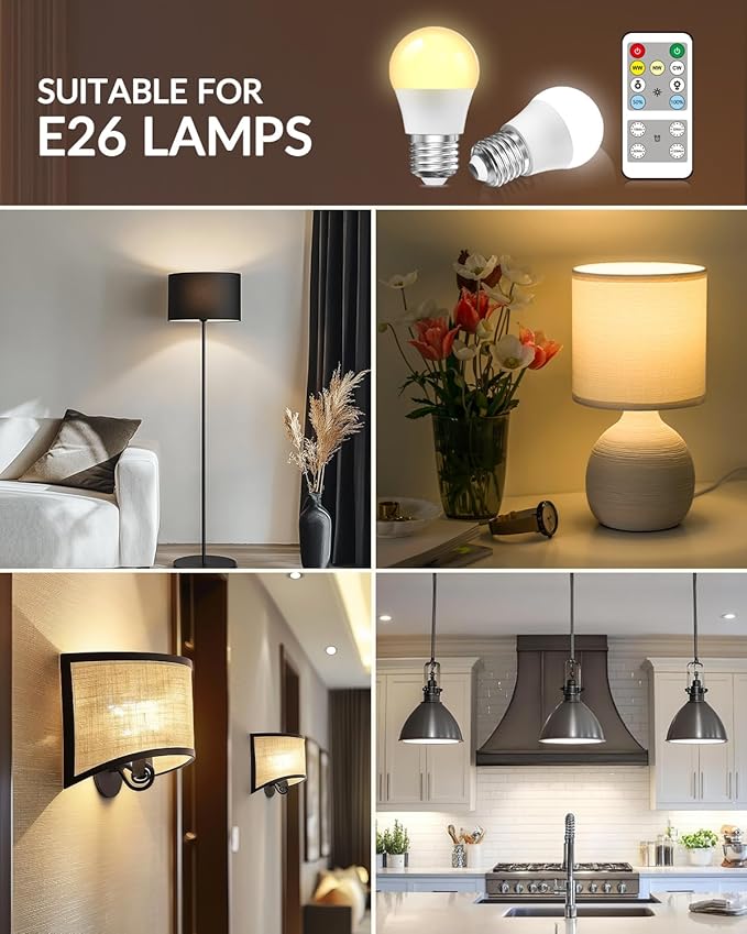 E26 LED Light Bulb with Remote Control, 3 Colors (3000K-6000K) E26 Dimmable Light Bulb for Living Room Bedroom, Remote Control Light Bulbs with Timing, Memory Function (2-Pack)