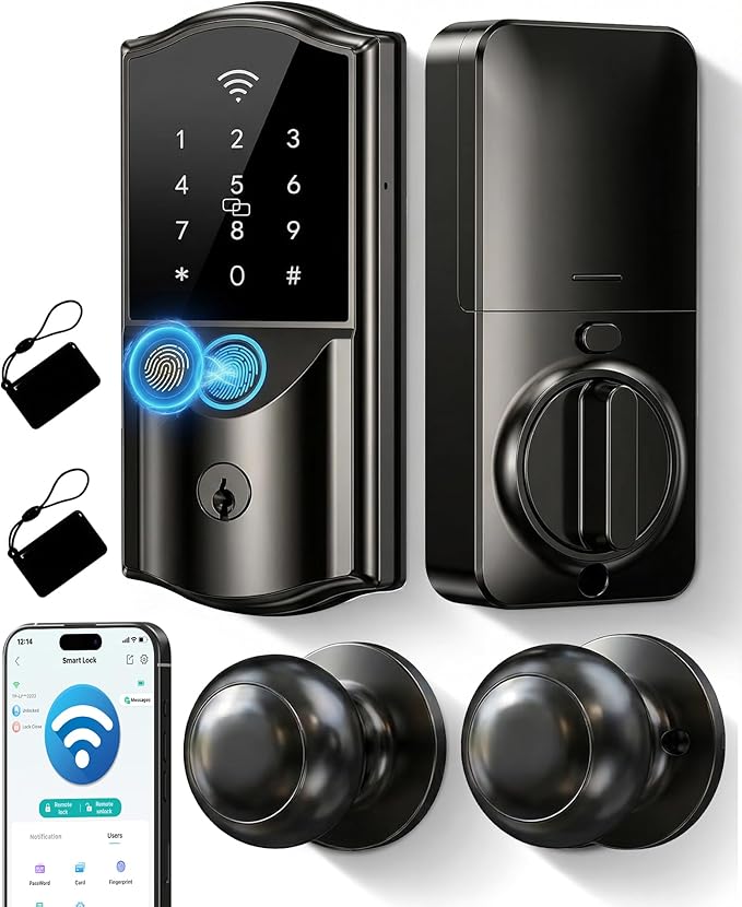Built-in WiFi Smart Lock with 2 Knobs - Firstriver Fingerprint Keyless Entry Door Lock Set for Front Door, App Control, Keypad Deadbolt, Auto Lock, Compatible with Alexa & Google Assistant, Black
