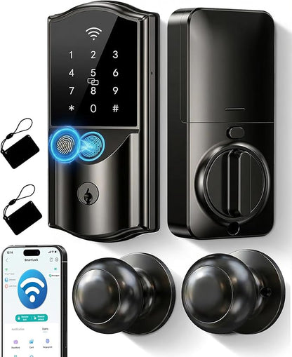 Built-in WiFi Smart Lock with 2 Knobs - Firstriver Fingerprint Keyless Entry Door Lock Set for Front Door, App Control, Keypad Deadbolt, Auto Lock, Compatible with Alexa & Google Assistant, Black