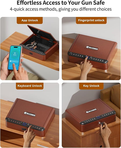 BILLCONCH Smart Gun Safe for Handgun with Fingerprint, App & Security Cable | Biometric Gun Safe 4 Ways Quick Access Built-in LED Light, Ideal Handgun Safe for Nightstand and Home - Antique Bronze