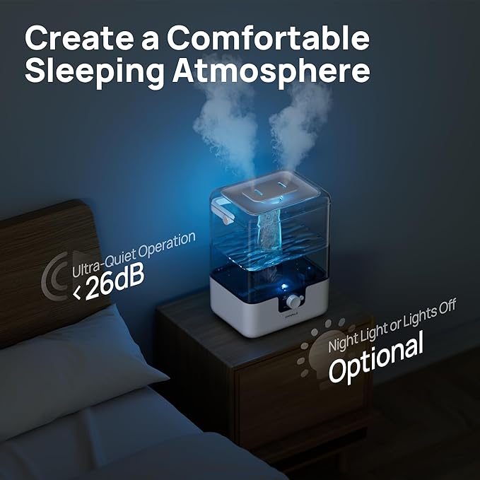 CHIVALZ Humidifiers for Bedroom Large Room, 6L Cool Mist Top Fill Humidifier with Essential Oil Diffuser, 26dB Quiet Ultrasonic Humidifier for Baby Nursery Plants, 50H Runtime Night Light 1 Pack White