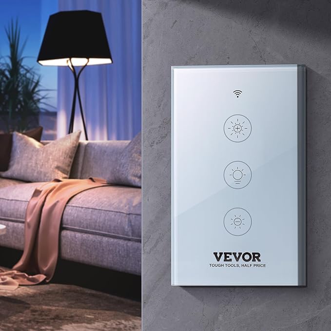 VEVOR Smart Dimmer Switch, Wi-Fi 2.4GHz, Dimmable Smart Switch with Tempered Glass Touch Panel, 15% to 85% Stepless Dimming, Voice App Remote Control, Works with Alexa Google Home, for LED Lights