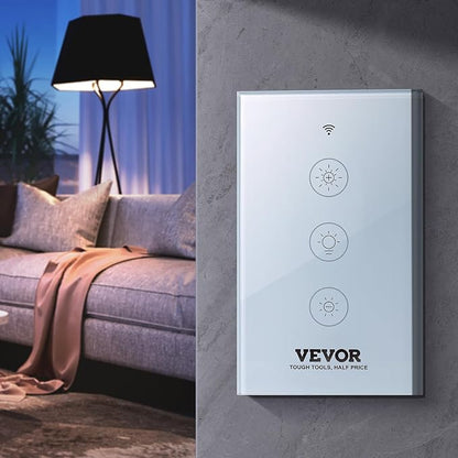 VEVOR Smart Dimmer Switch, Wi-Fi 2.4GHz, Dimmable Smart Switch with Tempered Glass Touch Panel, 15% to 85% Stepless Dimming, Voice App Remote Control, Works with Alexa Google Home, for LED Lights