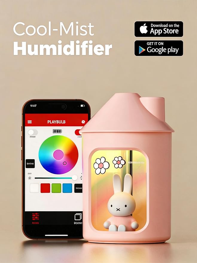 MIPOW x Miffy 2.0 Humidifier, Smart App Control RGB LED Night Light, Dual Spray Ultrasonic Cool Mist Humidifier, 500ml Portable Quiet Humidifier for Bedroom Office Nursery,Pink Ideal Gift