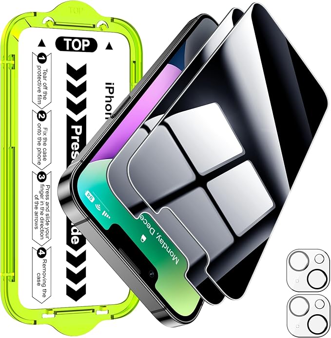 Esanik [2+2 Pack for iPhone 14 Plus Privacy Screen Protector – Anti-Spy Tempered Glass & Camera Lens Cover, Military-Grade 9H Hardness, Anti-Scratch, Flawless Fit Tray