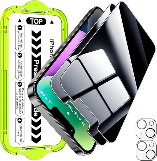 Esanik [2+2 Pack for iPhone 14 Plus Privacy Screen Protector – Anti-Spy Tempered Glass & Camera Lens Cover, Military-Grade 9H Hardness, Anti-Scratch, Flawless Fit Tray