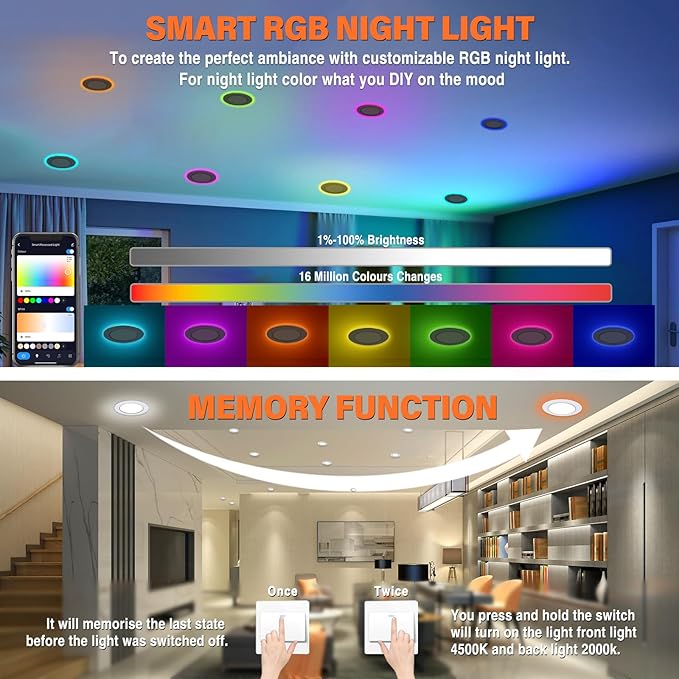 12Pack Smart RGB Recessed Lighting 4Inch,Ultra-Thin Canless LED Downlight,2.4GHz Wi-Fi Bluetooth, 2700K-6500K, 9W 810LM,Work with Tuya App,Alexa,Google Assistant,Sync Music