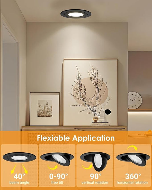 POPANU 3 inch Black Recessed Lights, 7W Canless Gimbal Soffit Lighting, Canless Lights, 5CCT Dimmable 90°Tilt Wafer 3 inch Light, Retrofit Rotatable Eyeball Swivel Spot Downlight 6 Pack Black