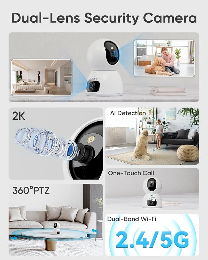 blurams 2K Dual-Lens Indoor Camera, 360° PTZ Pet Camera with Phone App, Split-Screen View, Free Human/Sound Detection, Dual-Band WiFi 6, Compatible with Alexa
