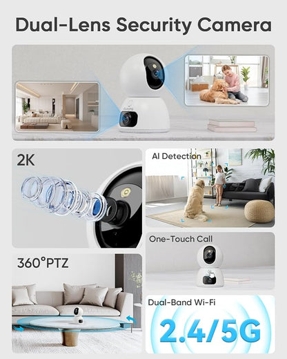 blurams 2K Dual-Lens Indoor Camera, 360° PTZ Pet Camera with Phone App, Split-Screen View, Free Human/Sound Detection, Dual-Band WiFi 6, Compatible with Alexa