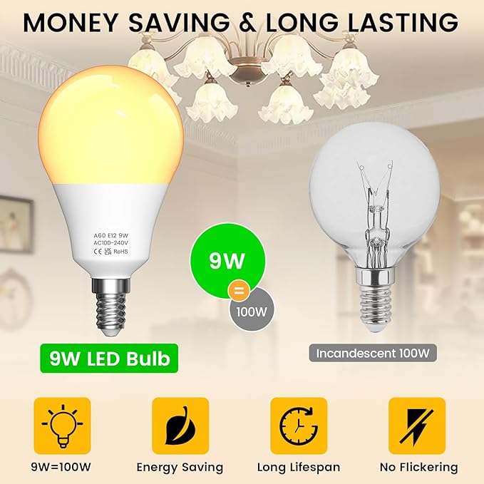 E12 LED Candelabra Light Bulbs with Remote Control, Stepless Dimmable 3000K-6000K, 9W(100W Equivalent), E12 Base, Timer & Night Light, 3Bulb & 1Remote for Bedroom, Ceiling Fan, Chandelier