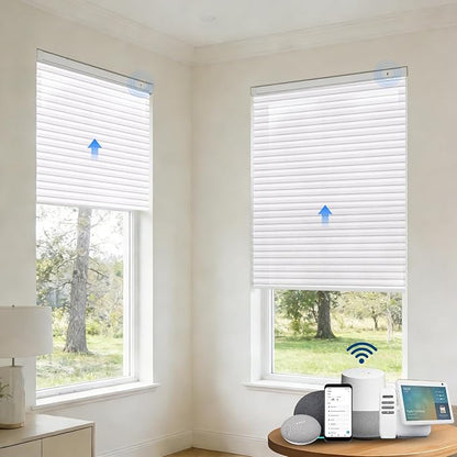 Motorized Cellular Shades with Remote, Light Filtering Smart Cellular Shades Compatible with Alexa, Honeycomb Window Blinds for Bedroom Home Office, Custom Size, Half Shading White