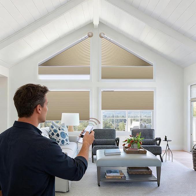 Godark Smart Angled Customized Blackout Honeycomb Blinds Suitable for Trapezoidal/Triangular/Polygonal Windows Motorized Cellular Shades Compatible with Alexa/Google Home/Tuya APP-Light Coffee
