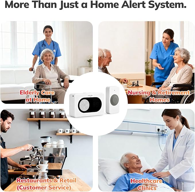 Umimile Caregiver Pager Wireless Call Button for Home, Nurse Alert with LED Display & Voice, 6 Buttons, 150m/500ft Range, 26 Ringtones, for Elderly Patient, Senior Care, Clinic & Nursing Home, White
