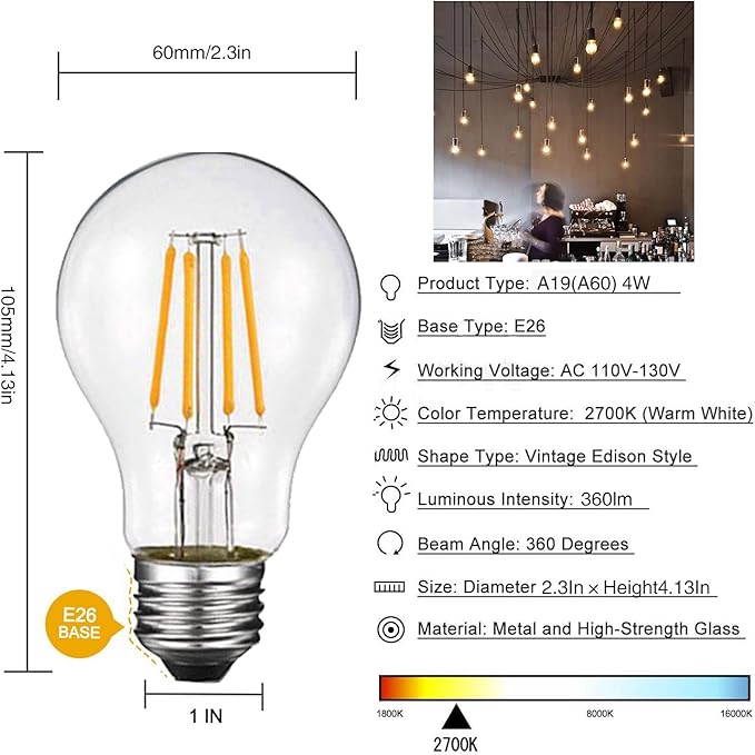 Dimmable Led Edison Bulb A19, 4W Vintage Filament Light Bulb, 40W Incandescent Equivalent, Soft Warm White 2700k, 360 Lumens, E26 Clear Glass Cover, Pack of 6