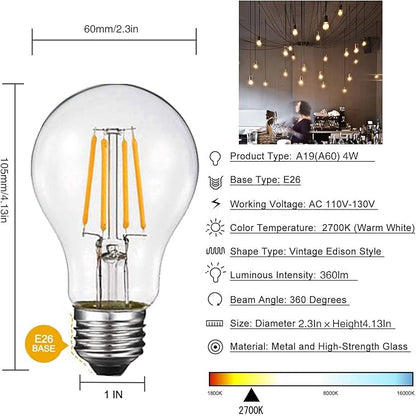 Dimmable Led Edison Bulb A19, 4W Vintage Filament Light Bulb, 40W Incandescent Equivalent, Soft Warm White 2700k, 360 Lumens, E26 Clear Glass Cover, Pack of 6