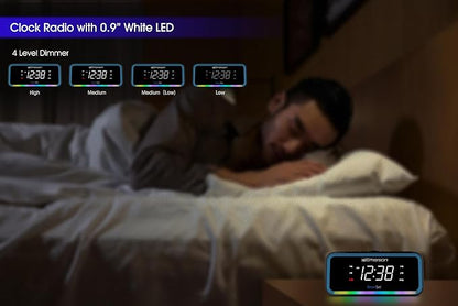 Emerson CKS1401 Smartset AM/FM Dual Alarm Clock Radio with 0.9” White LED Display with 4-Level Dimmer Control, USB-C Charging, and 2-Level Multi-Color LED Decor