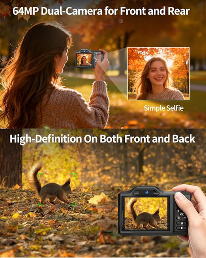 Digital Camera,4K 64MP Autofocus Vlogging Camera with Dual Lens,18X Zoom/WiFi/32GB Card/,Point and Shoot Cameras for Boys Girls Gifts (XJ600-Black)